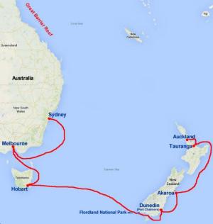 Route Map for the 2015 New Zealand and Australia Cruise